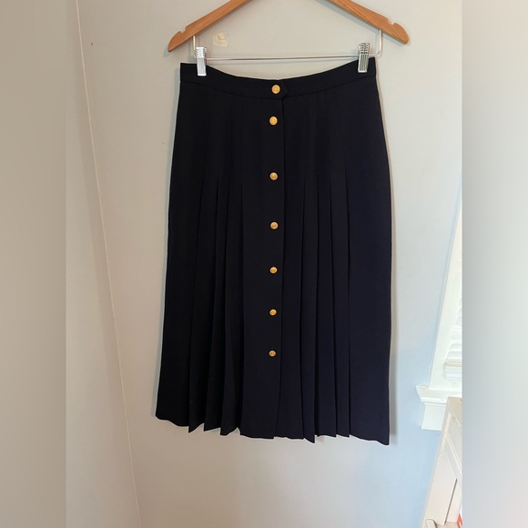 JH Collectibles Navy A-Line Midi Skirt with Gold Buttons pleated, - Picture 1 of 8